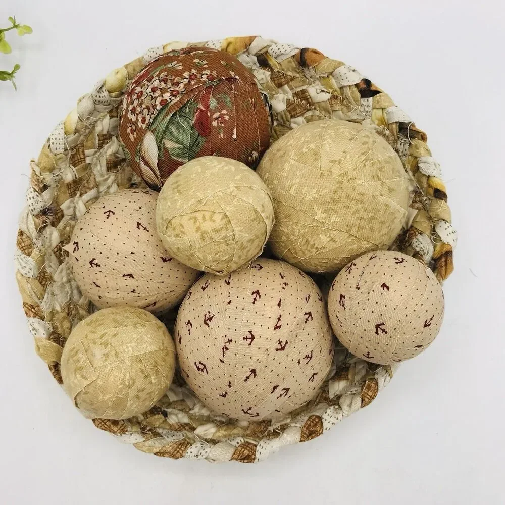 Neutral Tans Beige Cream Braided Basket with 7 Fabric Balls Handmade 9x9x2